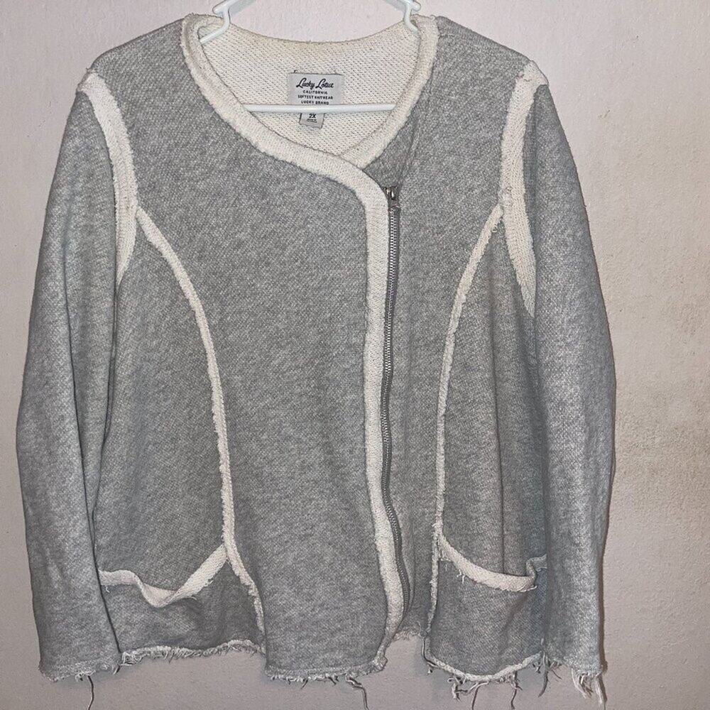 Lucky Brand Moto Sweater Jacket Womens 2X Gray Asymmetrical Zip Cotton Boho